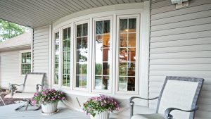 bow windows extending outward on a porch